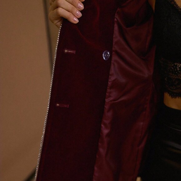 Burgundy Elegant Women's Velvet Rhinestone Trim Blazer - Picture 7 of 7